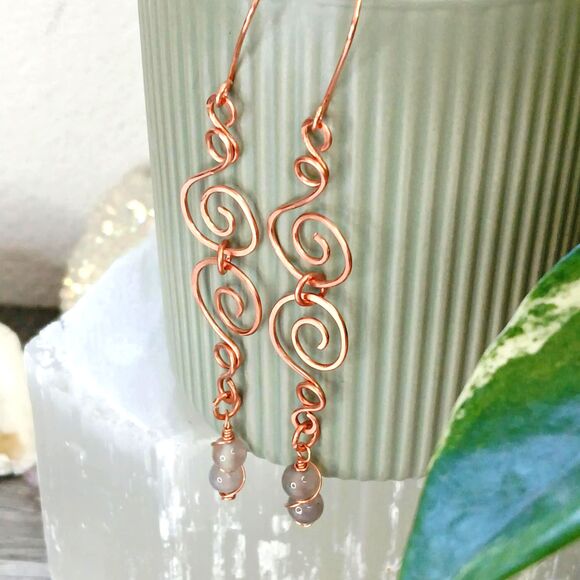 Long Boho Chic Agate Crystal Dangle Earrings, Hammered Copper Gemstone Jewlery - Picture 2 of 7